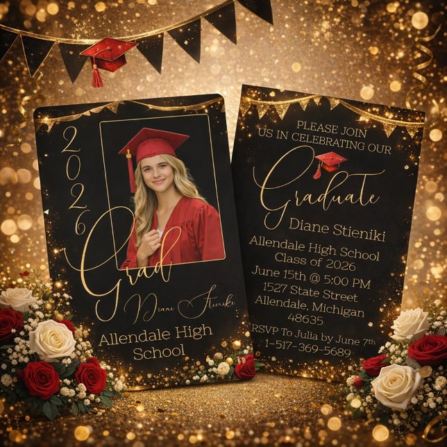 Elegant Black & Gold Graduation Invitation  Inbjudningar (Skapare uppladdad)
