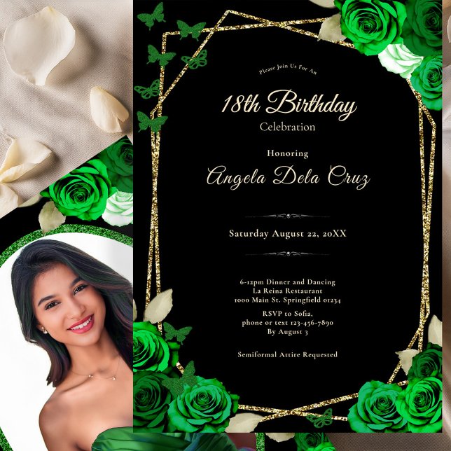 Elegant Black Gold Green Rose 18th Birthday Debut  Inbjudningar (Skapare uppladdad)