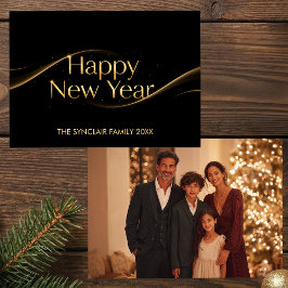 Elegant Black Gold Happy New Year Family Photo Hol Julkort