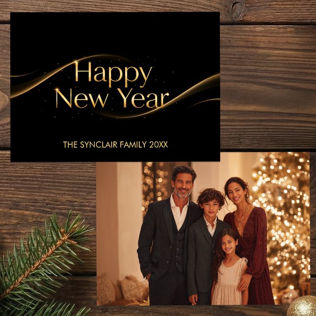 Elegant Black Gold Happy New Year Family Photo Hol Julkort (Skapare uppladdad)