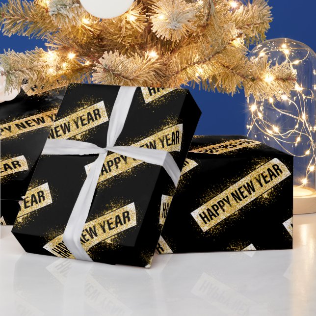 Elegant Black Gold Happy New Year  Presentpapper (Helgdagar)