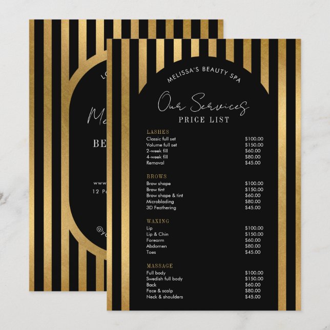 Elegant Black & Gold Lashes Hair Spa Price List (Fram/baksida)