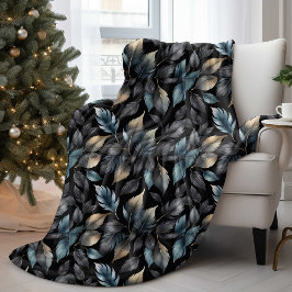 Elegant Black & Gold Leaf Botanical Throw Blanket Fleecefilt