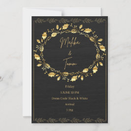 Elegant Black & Gold Leaf Wedding Invitation Magnetisk Inbjudningskort