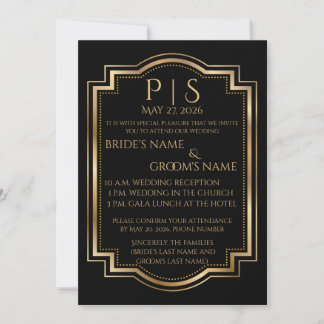 Elegant Black & Gold Monogram Inbjudningar