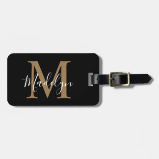 Elegant Black & Gold Monogram | Script Name Bagagebricka
