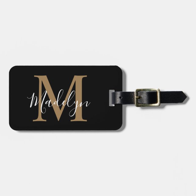 Elegant Black & Gold Monogram | Script Name  Bagagebricka (Horisontell Framsida)