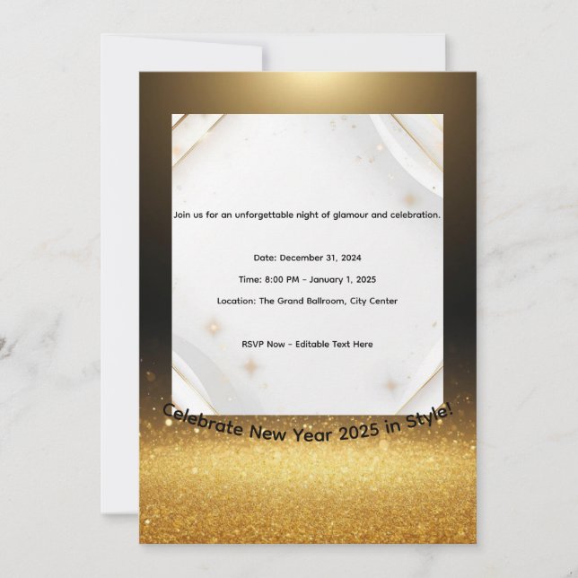 Elegant Black & Gold New Year 2025 Invitation  Julkort (Framsida)