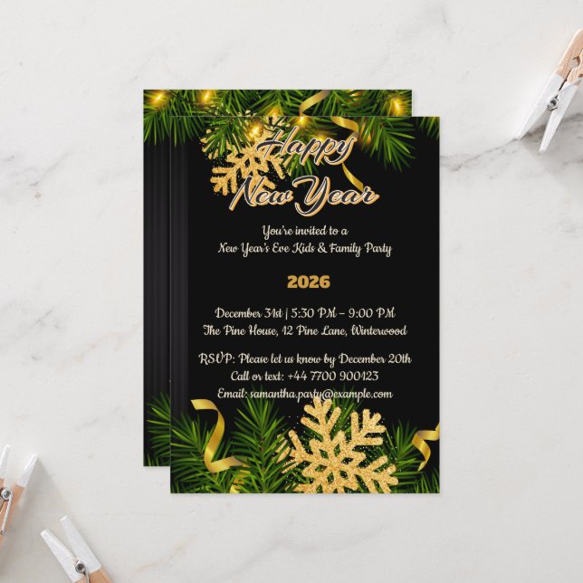 Elegant Black & Gold New Year Invitation 5x7  Inbjudningar (Fram/Back In Situ)
