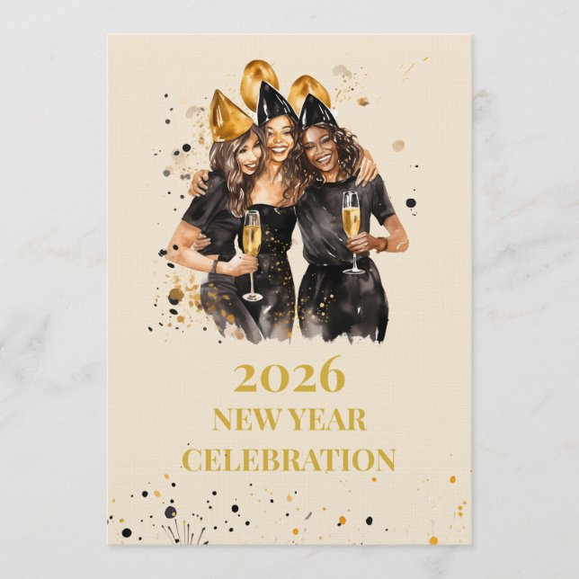 Elegant Black & Gold New Year Invitation Inbjudningar (Framsida)