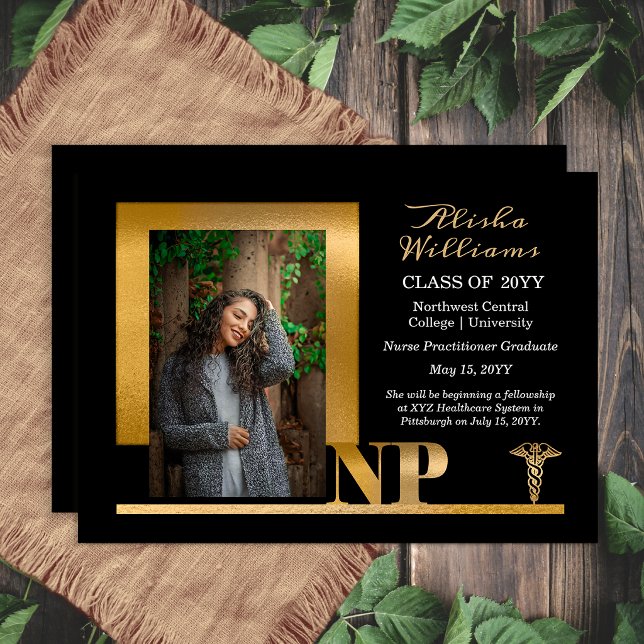 Elegant Black Gold NP Nurse Practitioner Meddelande (Elegant black and gold NP graduation announcement with modern photo layout)