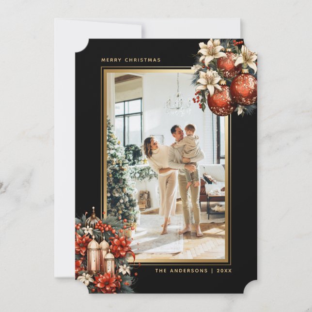 Elegant Black Gold Ornaments Photo Christmas Julkort (Framsida)