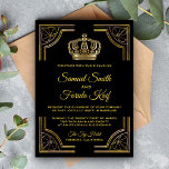 Elegant Black Gold Ornate Crown Wedding Invitation Inbjudningar<br><div class="desc">Amaze your guests with this royal theme wedding invitation featuring an elegant gold ornate border and beautiful crown against a black background. Simply add your event details on this easy-to-use template to make it a one-of-a-kind invitation. Flip the card over to reveal a beautiful gold triangles pattern on the back...</div>