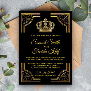 Elegant Black Gold Ornate Crown Wedding Invitation Inbjudningar