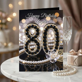 Elegant Black Gold Pearl Diamond 80th Birthday Kort