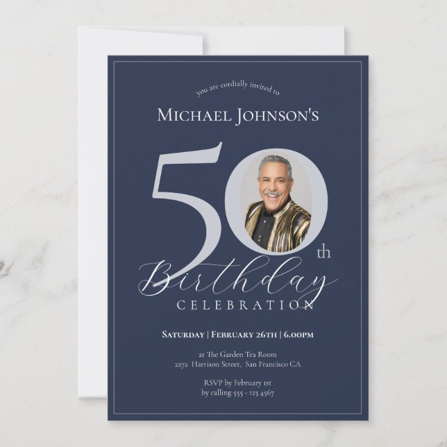 Elegant Black Gold Photo 50th Birthday Inbjudningar (Framsida)