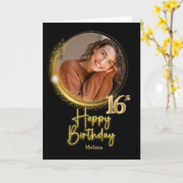 Elegant Black & Gold Photo Name 16th Birthday Kort
