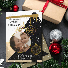 Elegant Black & Gold Photo Ornament Christmas Card Helgkort