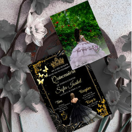 Elegant Black Gold Photo Quinceañera Invite