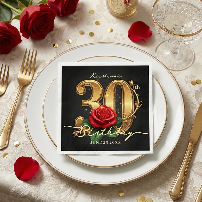 Elegant Black Gold Red Rose 30th Birthday Party Pappersservett (Skapare uppladdad)