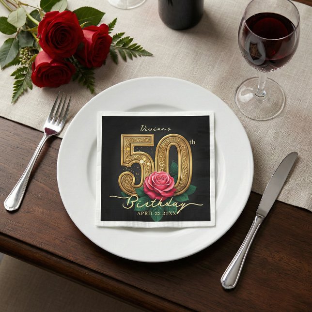 Elegant Black Gold Red Rose 50th Birthday Party Pappersservett (Skapare uppladdad)