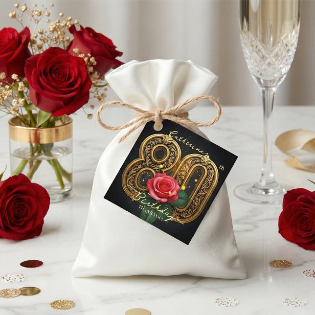 Elegant Black Gold Red Rose Floral 80th Birthday Gåvor Etiketter (Skapare uppladdad)