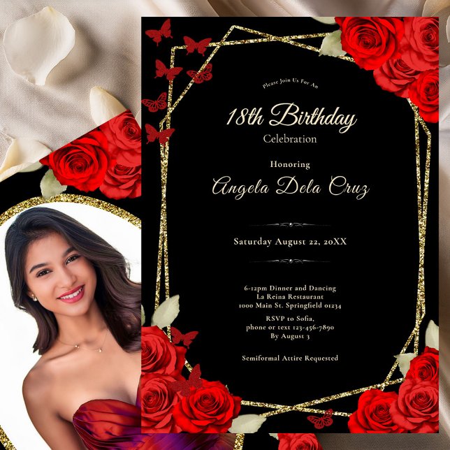 Elegant Black Gold Red Roses 18th Birthday Debut Inbjudningar (Skapare uppladdad)