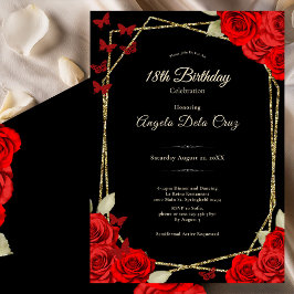 Elegant Black Gold Red Roses 18th Birthday Debut Inbjudningar