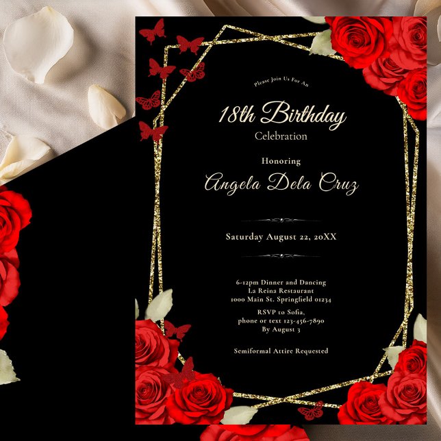 Elegant Black Gold Red Roses 18th Birthday Debut Inbjudningar (Skapare uppladdad)