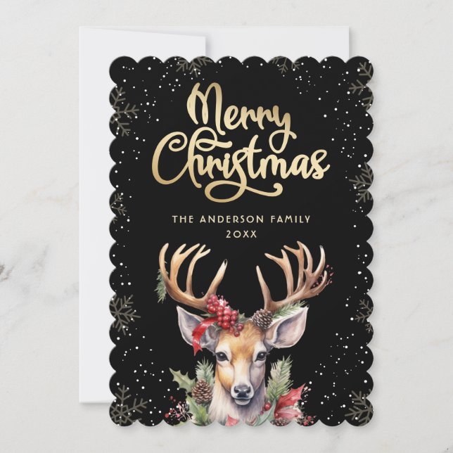 Elegant Black Gold Reindeer Christmas Card Julkort (Framsida)