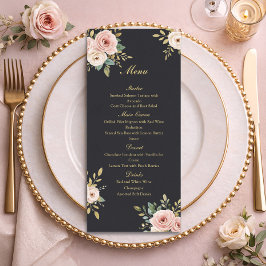 Elegant Black & Gold Roses Wedding Flat Menu Meny