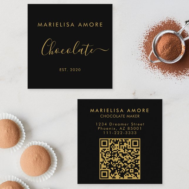 Elegant Black Gold Script Chocolate Qr Code Fyrkantigt Visitkort (Skapare uppladdad)