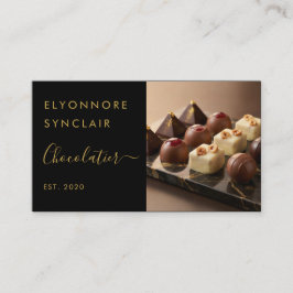 Elegant Black Gold Script Chocolatier Branding Visitkort