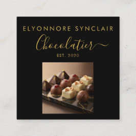 Elegant Black Gold Script Chocolatier Photo QrCode Fyrkantigt Visitkort