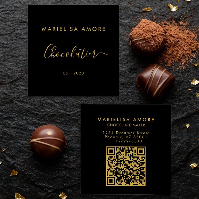 Elegant Black Gold Script Chocolatier Qr Code Fyrkantigt Visitkort (Skapare uppladdad)