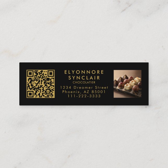 Elegant Black Gold Script Chocolatier Qr Code Mini Visitkort (Baksida)
