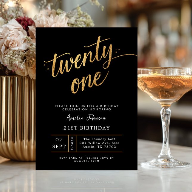 Elegant Black & Gold Script Eighteen 21st Birthday Inbjudningar (Skapare uppladdad)