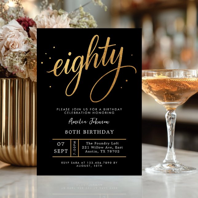 Elegant Black & Gold Script Eighty 80th Birthday Inbjudningar (Celebrate eighty in elegant style with this luxurious black and gold invitation.)