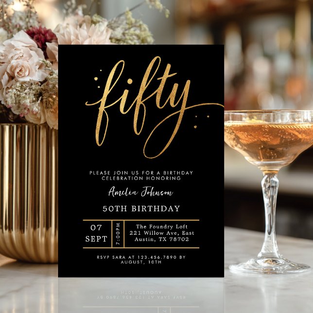 Elegant Black & Gold Script Fifty 50th Birthday  Inbjudningar (Celebrate fifty in timeless style with this elegant black and gold invitation)