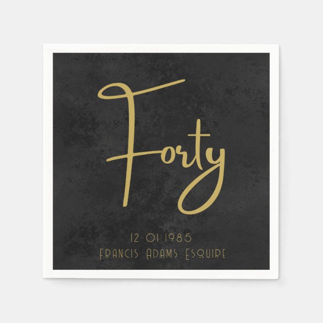 Elegant Black & Gold Script Forty Modern Birthday Pappersservett (Framsidan)