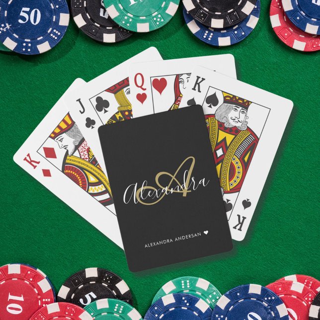 Elegant Black Gold Script Initial Name Monogram Casinokort (Elegant Black Gold Script Initial Name Monogram Poker Cards)