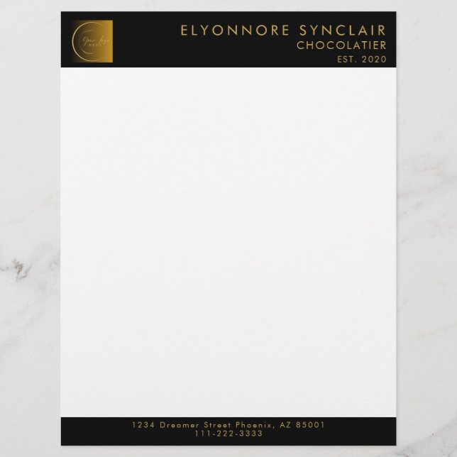 Elegant Black Gold Script Logo Chocolatier  Brevhuvud (Framsida)