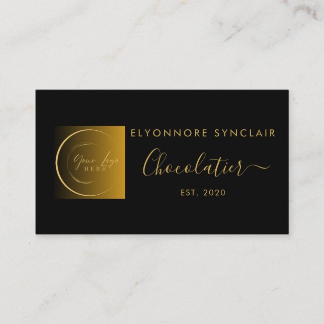 Elegant Black Gold Script Logo Chocolatier Visitkort (Framsida)