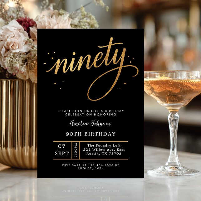 Elegant Black & Gold Script Ninety 90th Birthday Inbjudningar (Celebrate ninety in timeless style with this elegant black and gold invitation.)