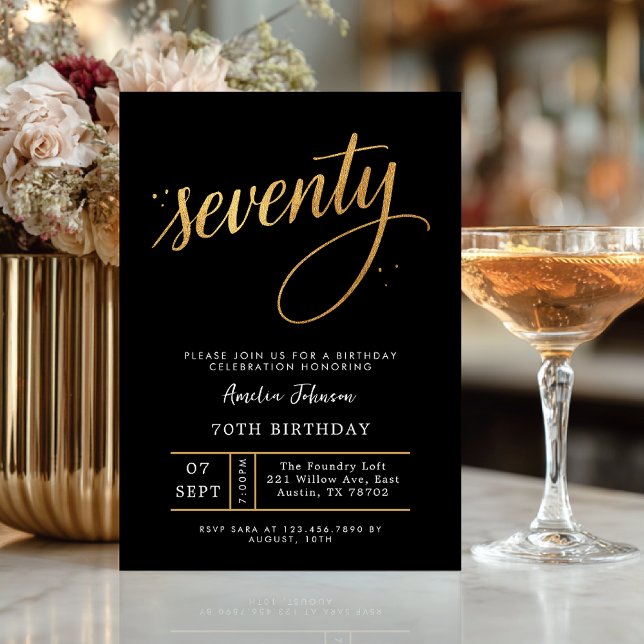 Elegant Black & Gold Script Seventy 70th Birthday  Inbjudningar (Celebrate seventy in timeless style with this elegant black and gold invitation.)