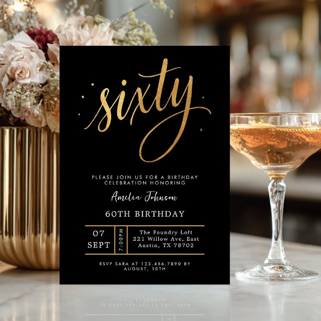 Elegant Black & Gold Script Sixty 60th Birthday  Inbjudningar (Celebrate sixty in elegant style with this luxurious black and gold invitation.)