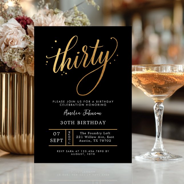 Elegant Black & Gold Script Thirty 30th Birthday Inbjudningar (Skapare uppladdad)