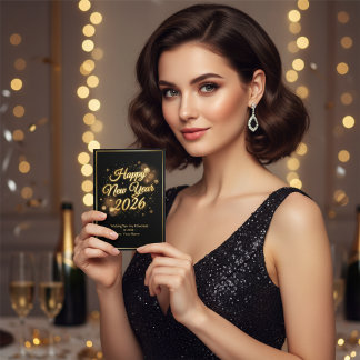Elegant Black & Gold Sparkle Happy New Year 2026 Julkort