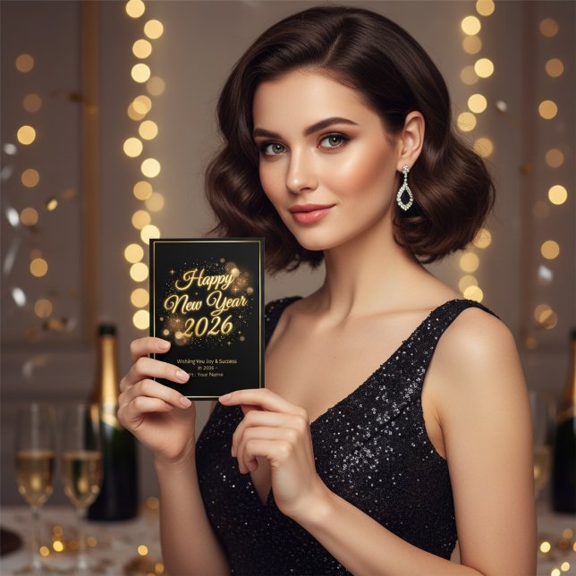 Elegant Black & Gold Sparkle Happy New Year 2026 Julkort (Skapare uppladdad)