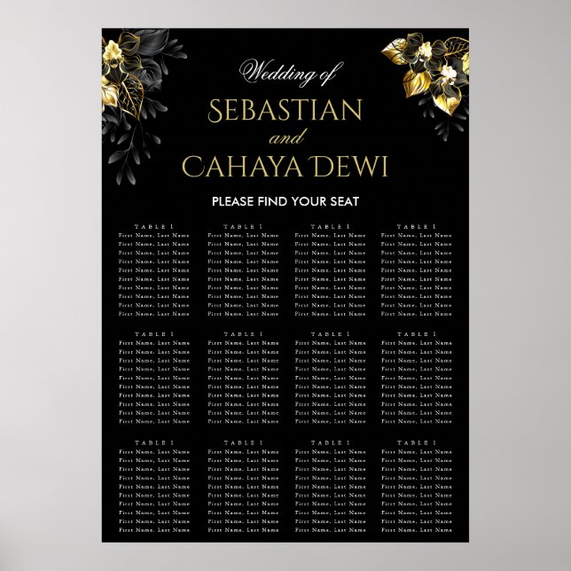 Elegant black & gold summer wedding seating chart poster (Framsidan)